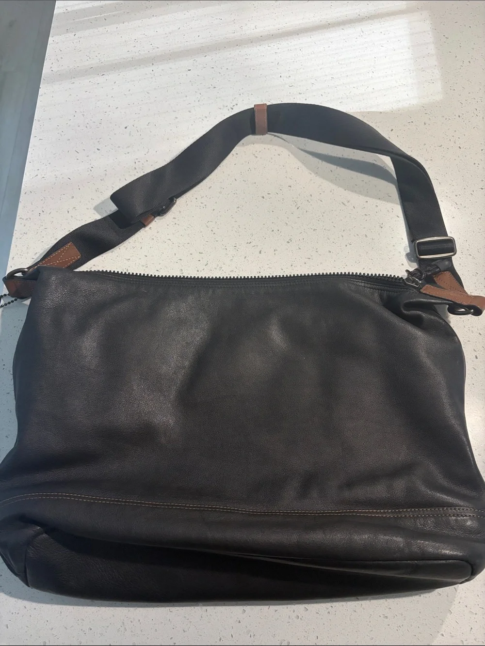 Coach Black Leather Messenger Bag with Brown Trim